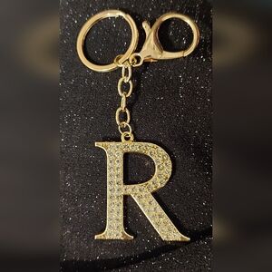 Gold Tone Allover Rhinestone Letter R Initial Bag Purse Charm Keychain N…